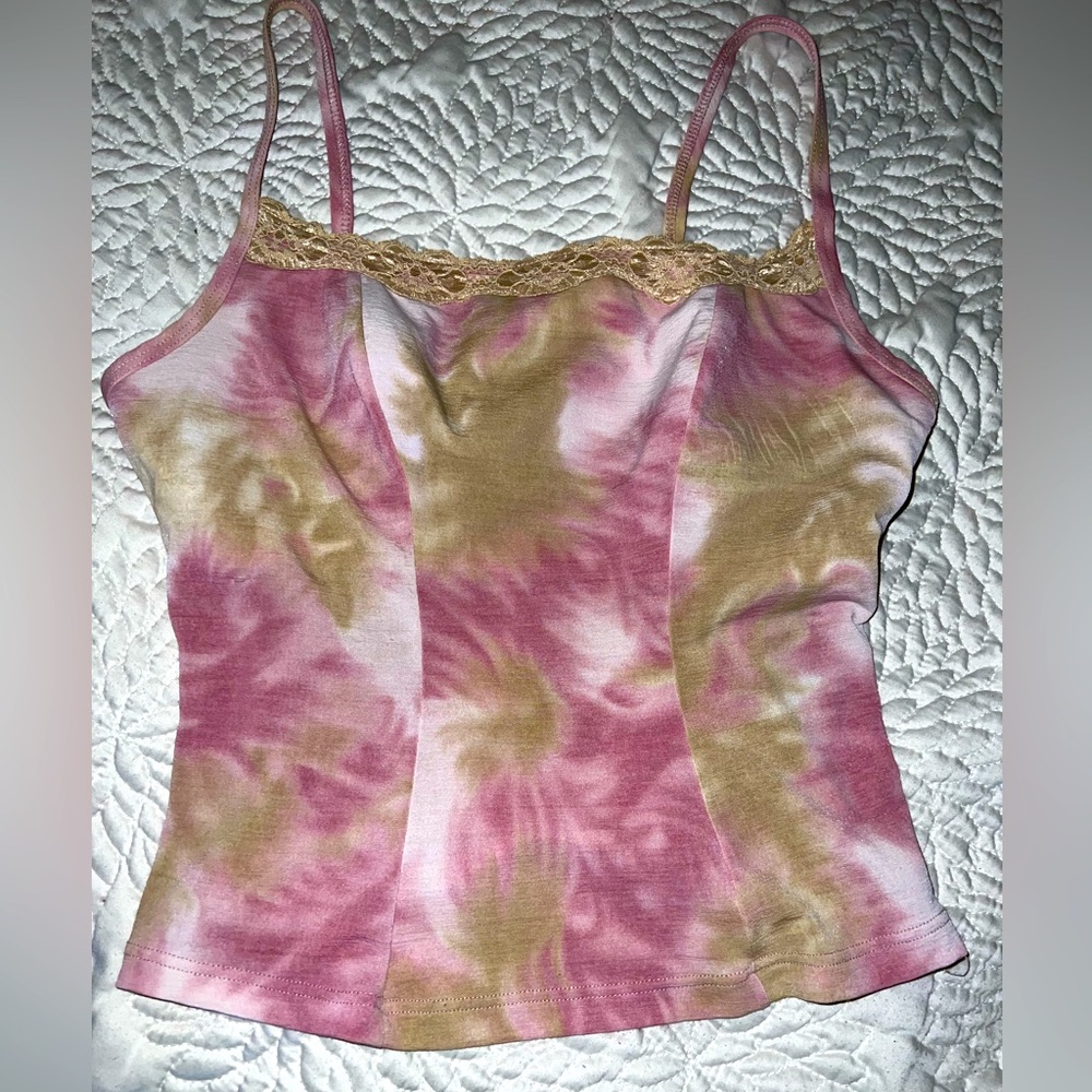 Papillon Blanc pink, cream and beige camisole top w/ lace detail.